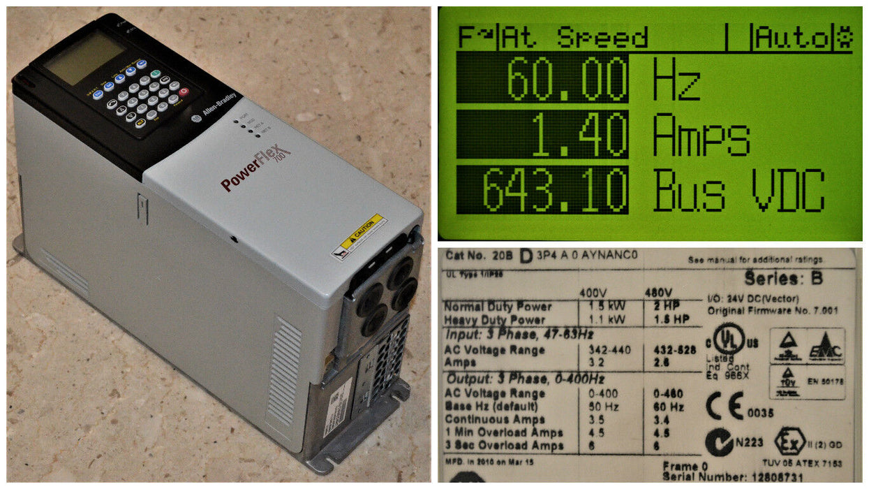 Allen-Bradley PowerFlex 700  2 HP 20BD3P4A0AYNANC0 480 VAC Low Hours Tested Good