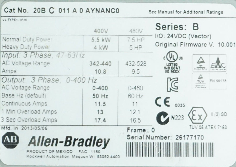 Allen-Bradley PowerFlex 700 7.5HP 20BC011A0AYNANC0 480VAC FRN:10.001 Tested Good