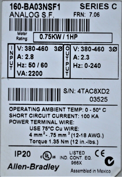 Allen Bradley 160-BA03NSF1 Variable Speed Drive 1 Hp 480 VAC