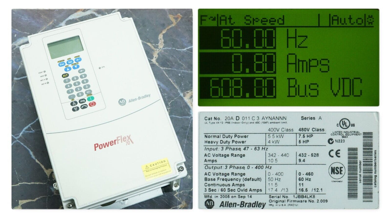 Zero Run Hr Allen-Bradley PowerFlex 70 20AD011C3AYNANNN 480VAC 7.5 HP FRN:2.009