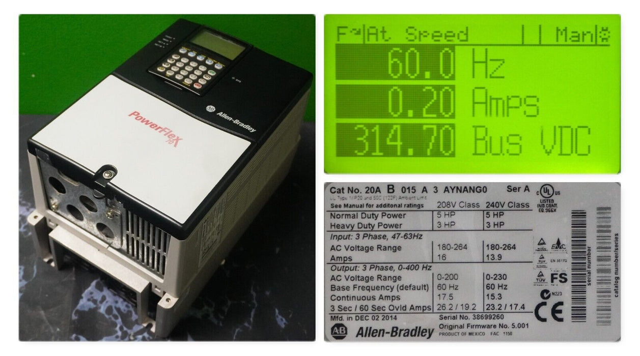 Allen Bradley PowerFlex 70 5HP 20AB015A3AYNANNN 240VAC FRN:5.001