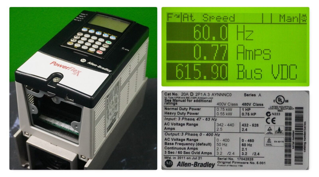 Low Hrs Allen-Bradley 20AD2P1A3AYNNNC0 PowerFlex70 1HP Series A FRN:5.001 Tested