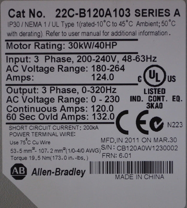 NEW Zero Hours Allen-Bradley PowerFlex 400 22C-B120A103 Series A 40HP FRN:6.01