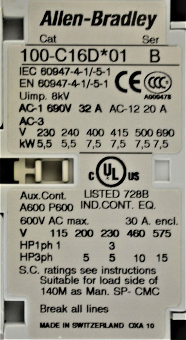 ALLEN BRADLEY 100-C16DJ01 / 100C16DJ01 16 Amp Manual Motor Contactor