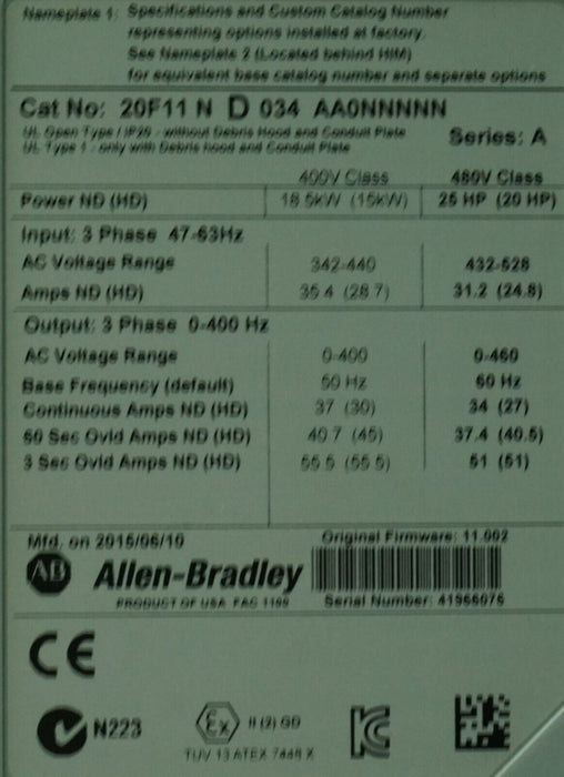 Low Hour Allen-Bradley PowerFlex 753 20F11ND034AA0NNNNN 25HP FRN:11.002 Tested