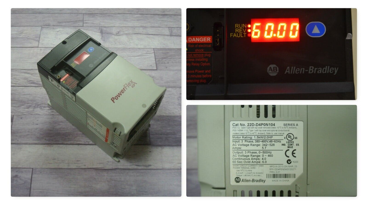 Low Hours 22D-D4P0N104 Allen Bradley PowerFlex 40P Drive 2HP Ser.A FRN:2.01