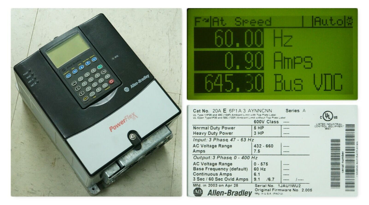 Allen-Bradley 20AE6P1A3AYNNCNN PowerFlex 70 5HP 600 VAC FRN:2.005 Tested Good