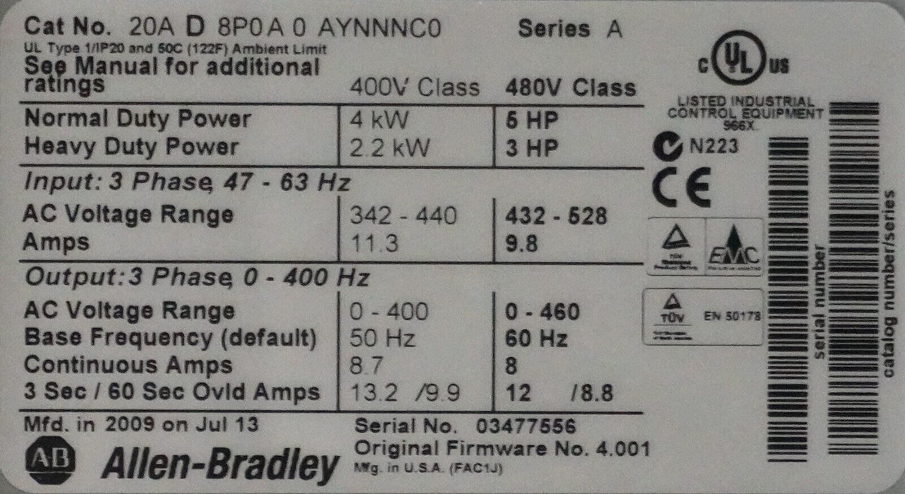 Allen-Bradley PowerFlex 70 5HP 20AD8P0A0AYNNNC0 480VAC Tested FRN:4.001