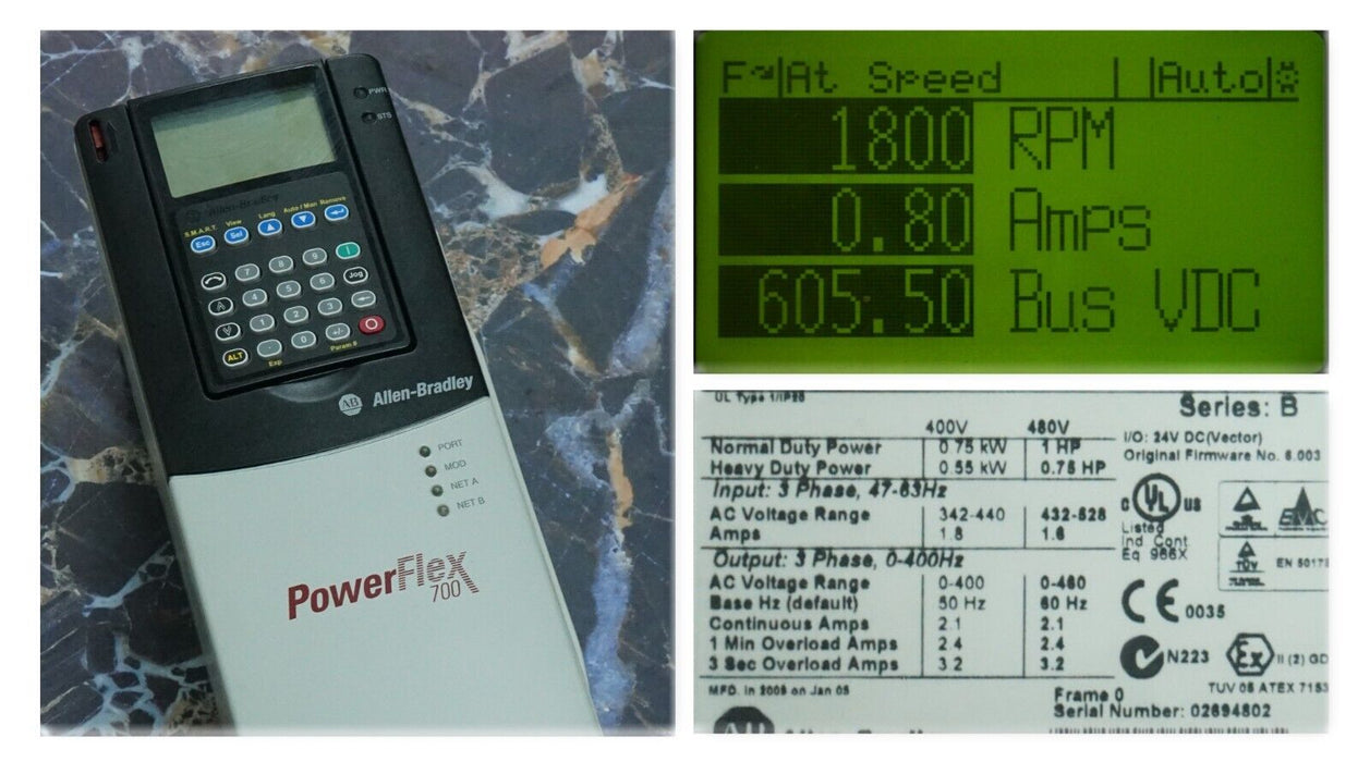 Low Hours Allen-Bradley 20BD2P1A3AYNAEC1 PowerFlex 700 1 HP Series A FRN:6.003