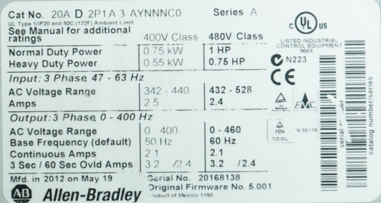 Low Hour Allen-Bradley PowerFlex 70 1HP 20AD2P1A3AYNNNC0 480VAC FRN:5.001 Tested