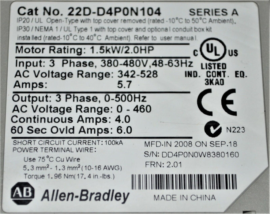 Allen Bradley PowerFlex 40P 22D-D4P0N104 Drive 2 HP Series A Tested Good