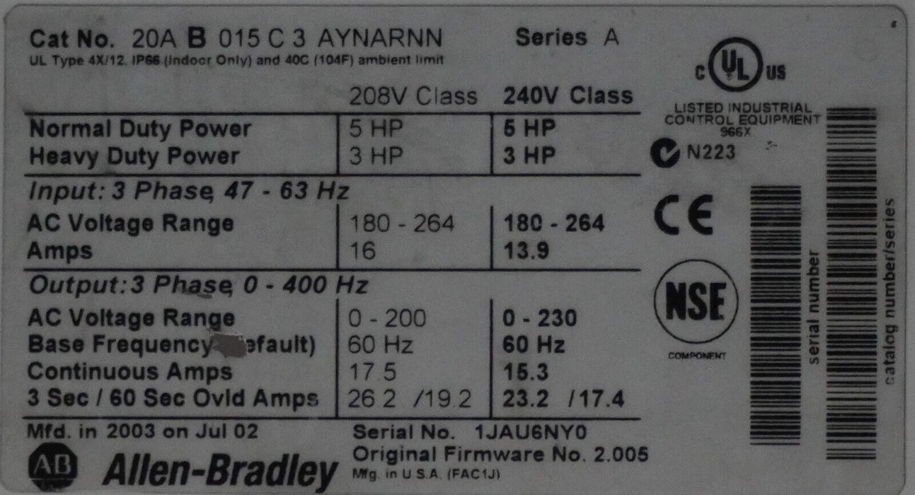 Low Hrs Allen-Bradley PowerFlex 70 5HP 20AB015C3AYNARNN 240VAC Tested FRN:2.005