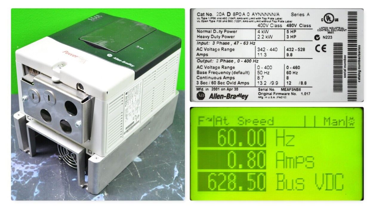 Allen-Bradley Powerflex 70 5 HP 20AD8P0A0AYNNNNN Series A FRN:2.001 Tested Good