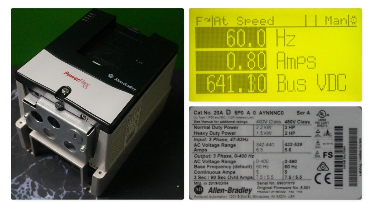 Allen-Bradley PowerFlex 70 3HP 20AD5P0A0AYNNNC0 480 VAC Clean Tested FRN:5.001