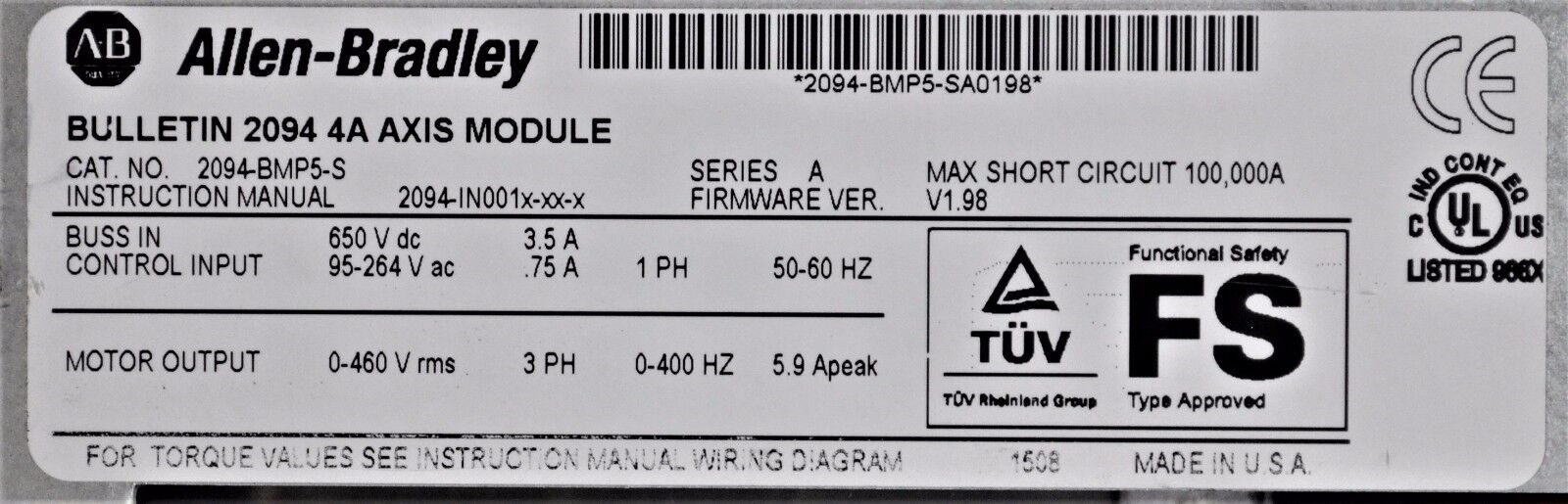 Allen-Bradley Kinetex 6000 2094-BMP5  2094BMP5 AXIS MODULE 4 AMPS 480 VAC