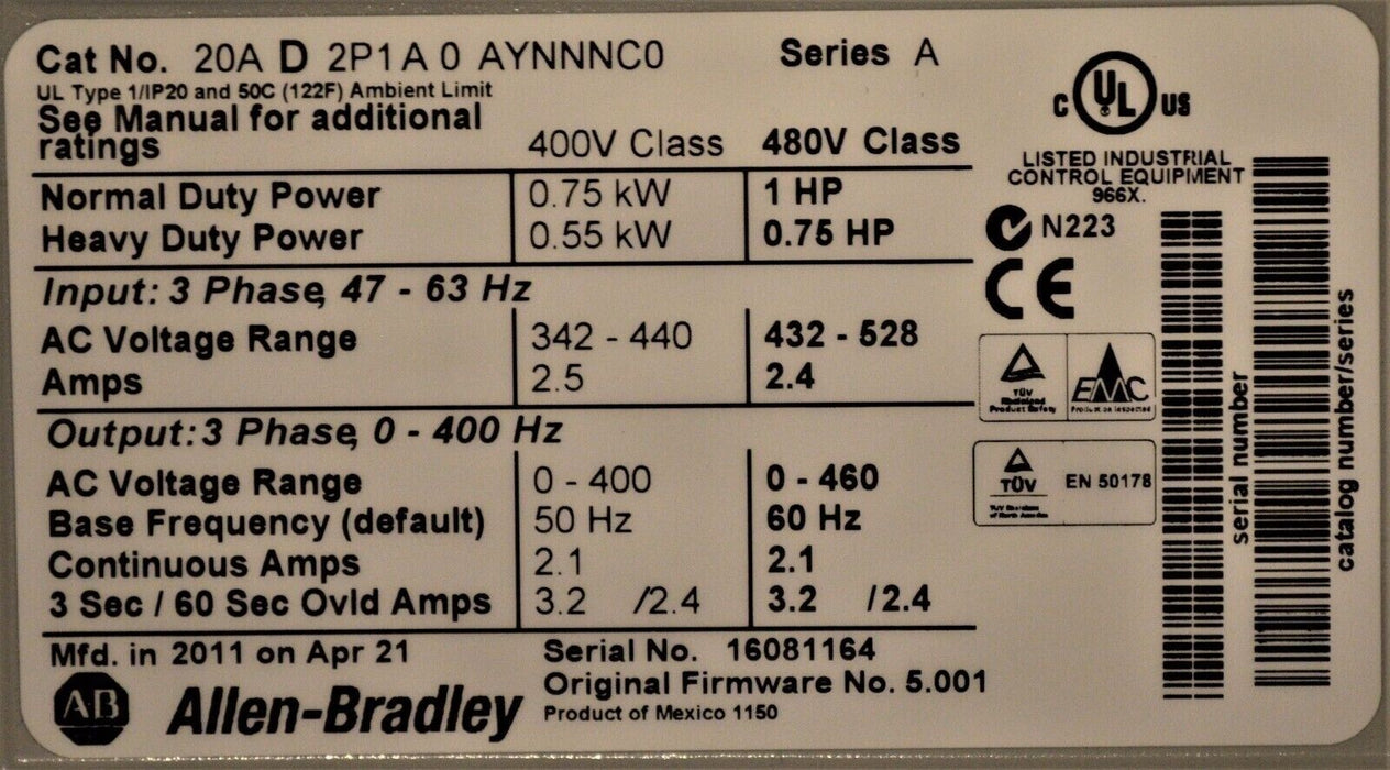 LOW HOURS Allen-Bradley PowerFlex 70 1 HP 20AD2P1A0AYNNNC0 480VAC Tested Good