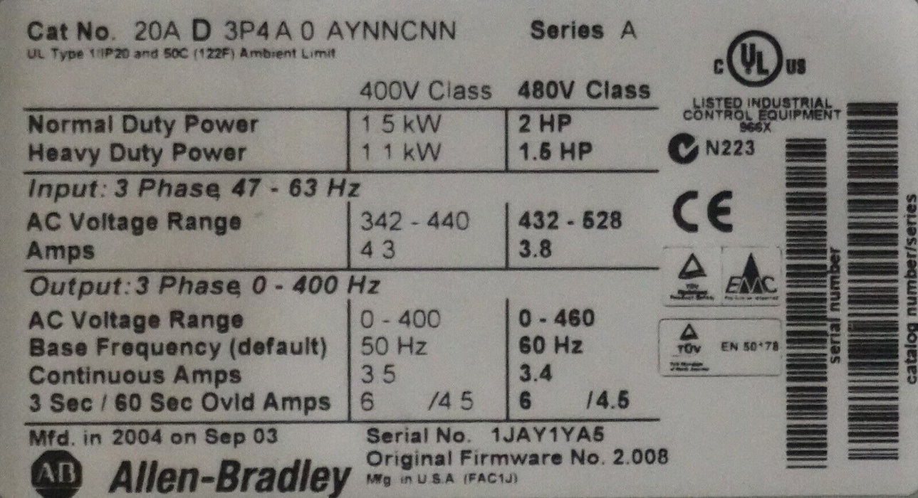 New Allen-Bradley PowerFlex 70 2HP 20AD3P4A0AYNNCNN 480 VAC FRN:2.008