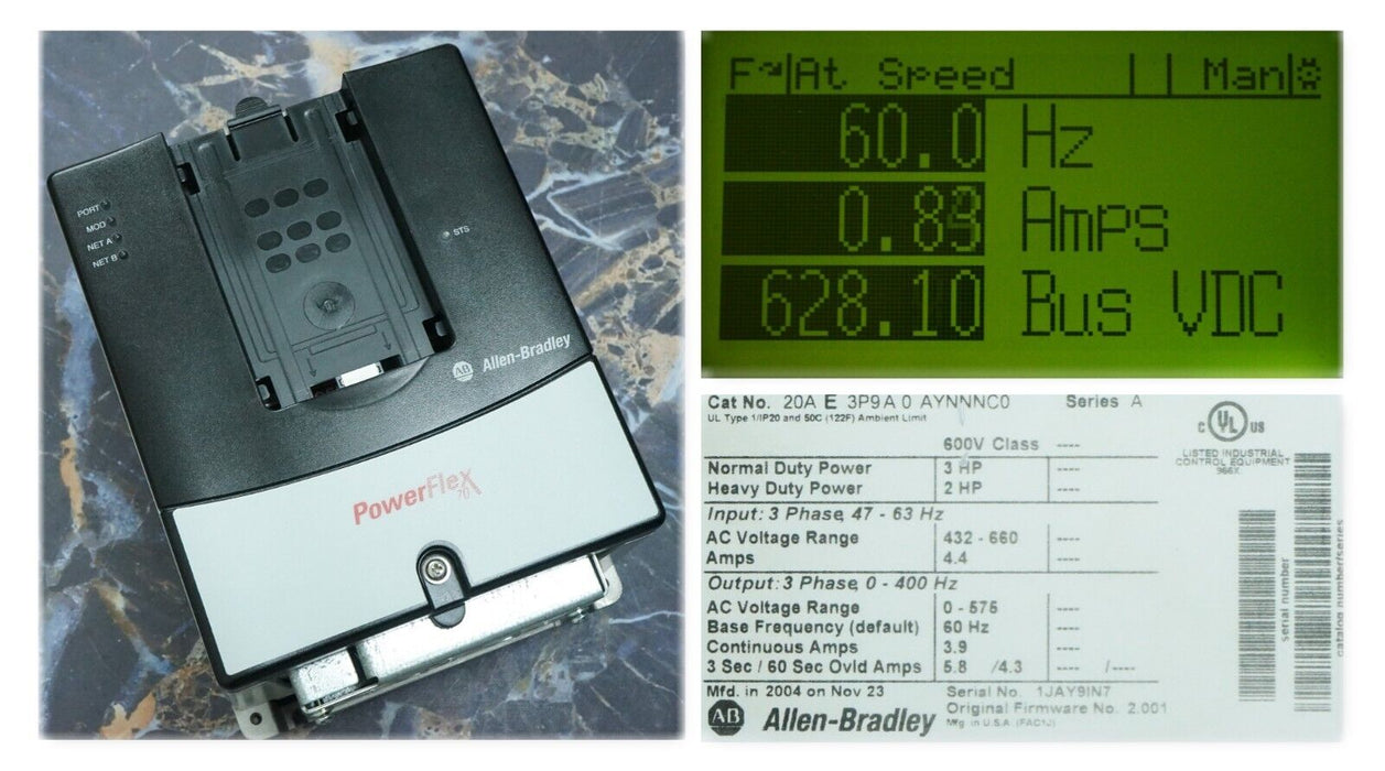 Allen-Bradley PowerFlex 70 3 HP 20AE3P9A0AYNNNC0 600VAC Tested Good FRN:2.001