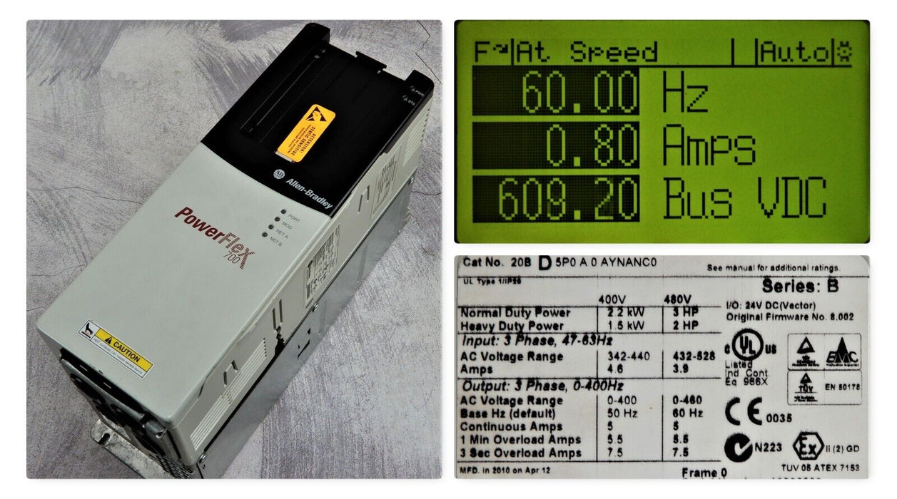 Low Hours Allen Bradley 20BD5P0A0AYNANC0 /B PowerFlex 700 3HP 480 VAC FRN:8.002