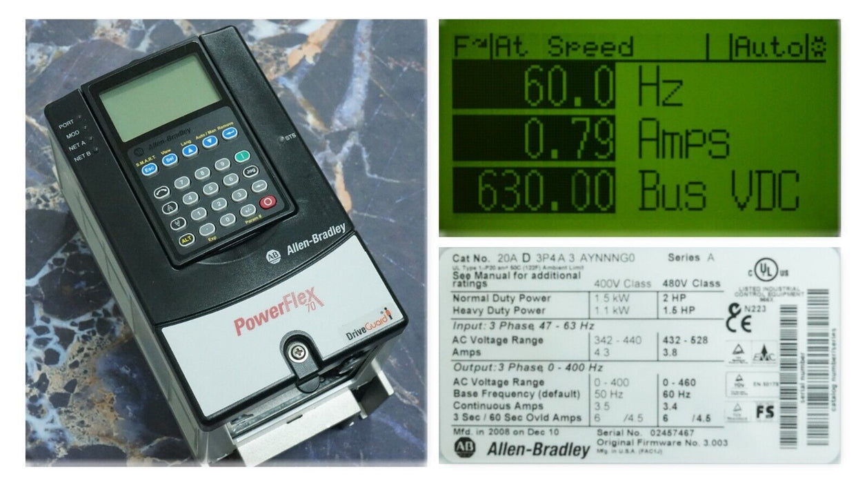 Low Hours Allen Bradley PowerFlex 70 2 HP 20AD3P4A3AYNNNG0 480 VAC FRN:3.003