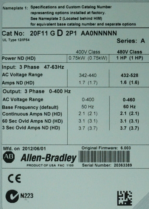 Allen-Bradley PowerFlex 753 20F11GD2P1AA0NNNNN 1HP 480 VAC FRN:14.005