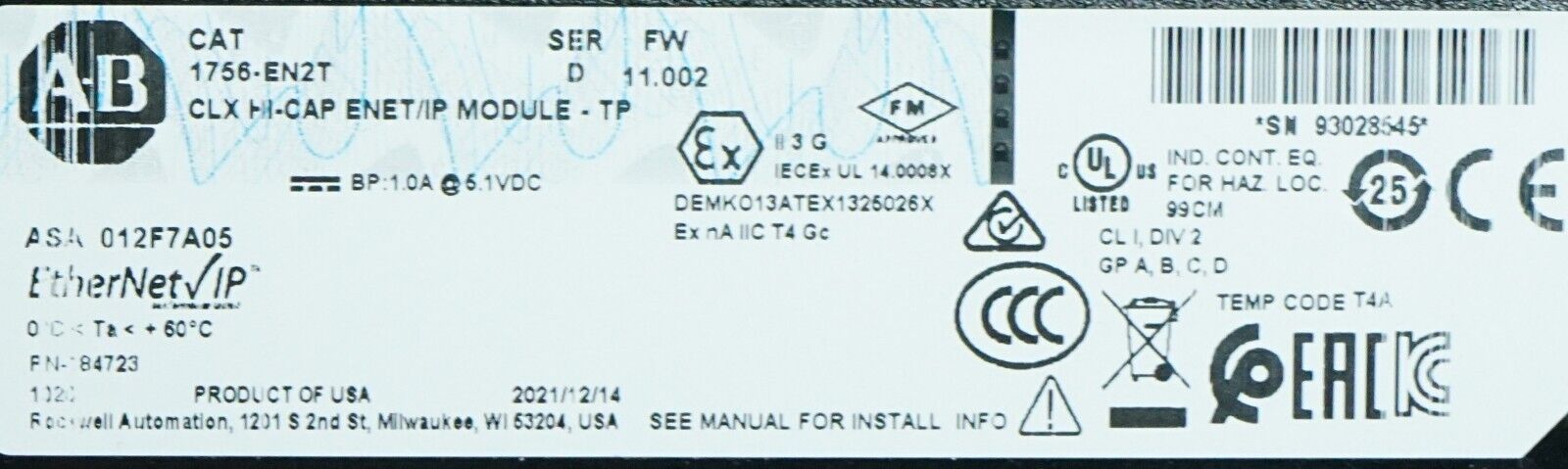 Allen Bradley 1756-EN2T / D CLX HI-CAP ENET/IP Module FRN:11.002