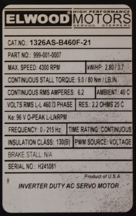 ELWOOD CAT. 1326AS-B460F-21 480 VAC BULLETIN 1326 AC SERVO MOTOR