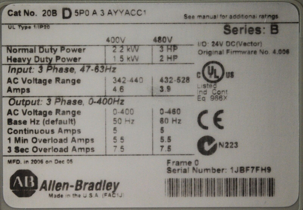 Allen Bradley Powerflex 700 3 hp Inverter Cat 20BD5P0A3AYYACC1 480V Tested Good