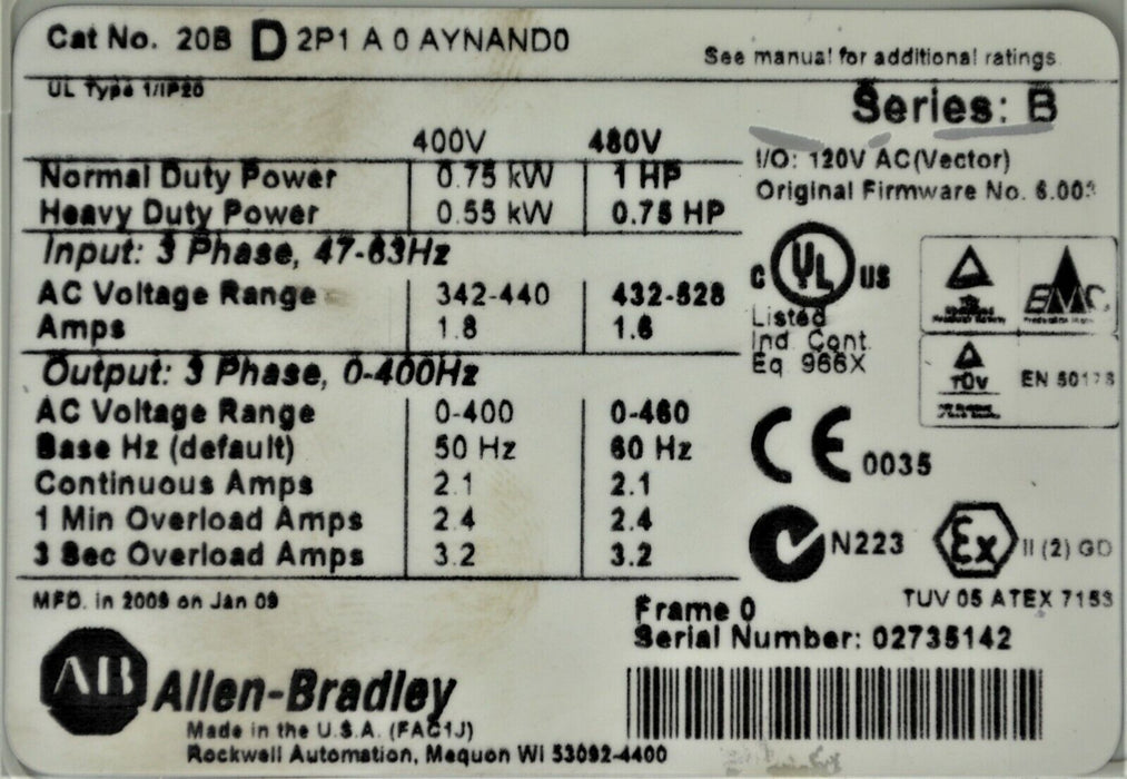 Allen-Bradley PowerFlex 700  1 HP 20BD2P1A0AYNAND0 CORE ONLY Clean Tested Good