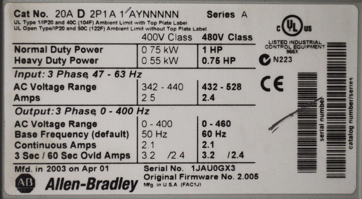 Allen-Bradley PowerFlex 70 1 HP 20AD2P1A1AYNNNNN  Series A 480 VAC Tested Good