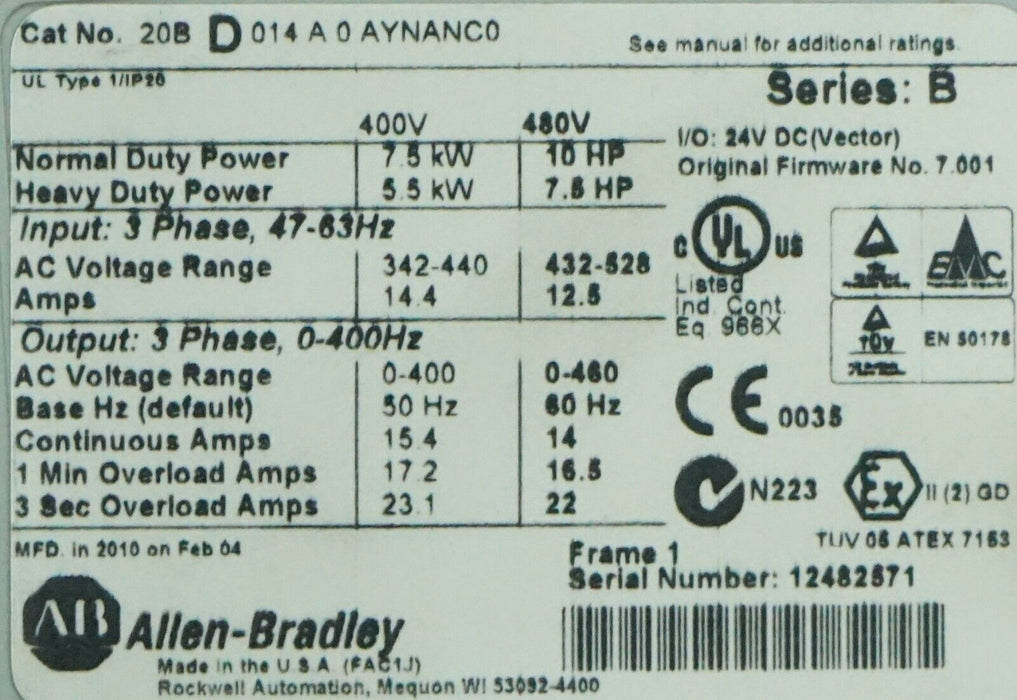 Allen-Bradley PowerFlex 700 10HP 20BD014A0AYNANC0 480 VAC FRN:7.001