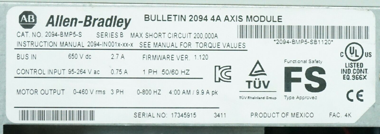 Allen-Bradley Bulletin 2094-BMP5-S/B Kinetix 6000 4Amp Axis Module FRN:1.120