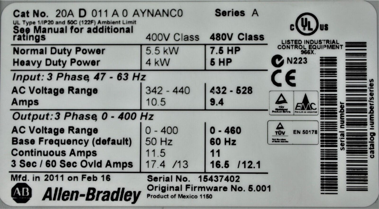 Allen Bradley PowerFlex 70 7.5HP 20AD011A0AYNANC0 480VAC Tested Good FRN: 5.001