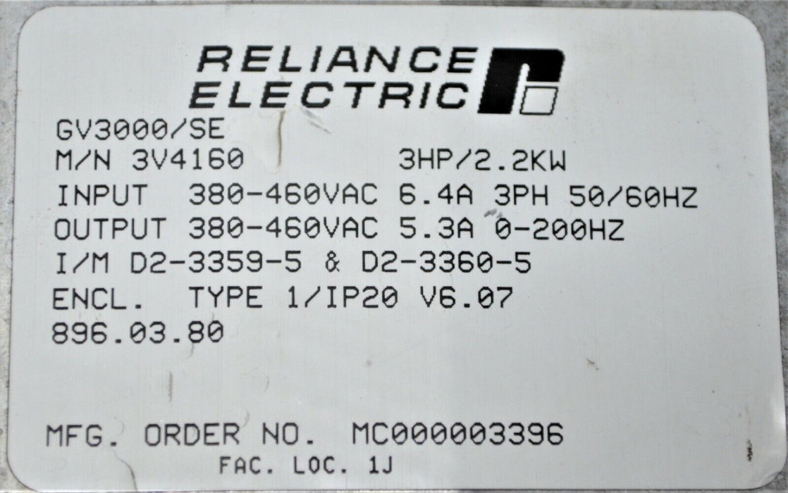 RELIANCE ELECTRIC GV3000 3V4160 3 HP  VER. 6.07 AC INVERTER 460 VAC TESTED GOOD