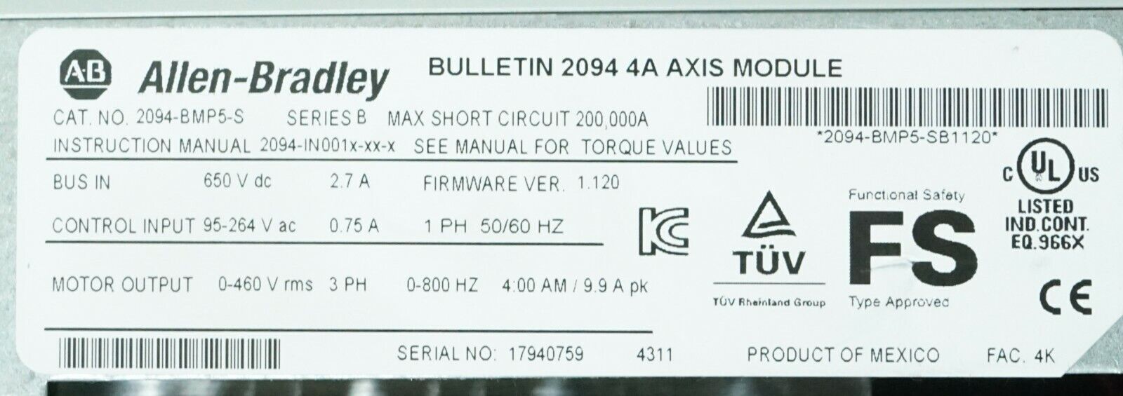 Allen-Bradley Bulletin 2094-BMP5-S/B Kinetix 6000 4 Amp Axis Module FRN:1.120