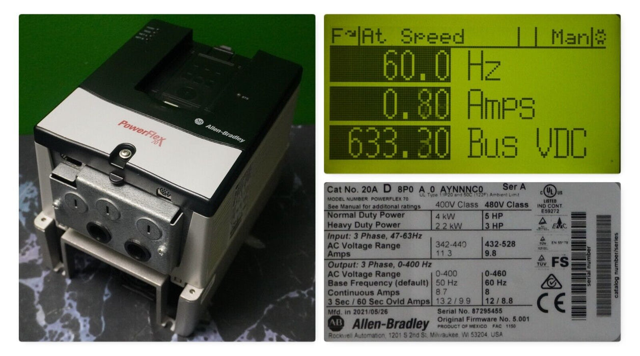 Low Hr Allen-Bradley PowerFlex 70 5HP 20AD8P0A0AYNNNC0 480 VAC Tested FRN:5.001