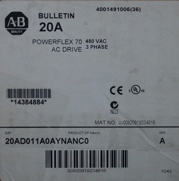 New Allen Bradley PowerFlex 70 7.5HP 20AD011A0AYNANC0 480VAC FRN:5.001