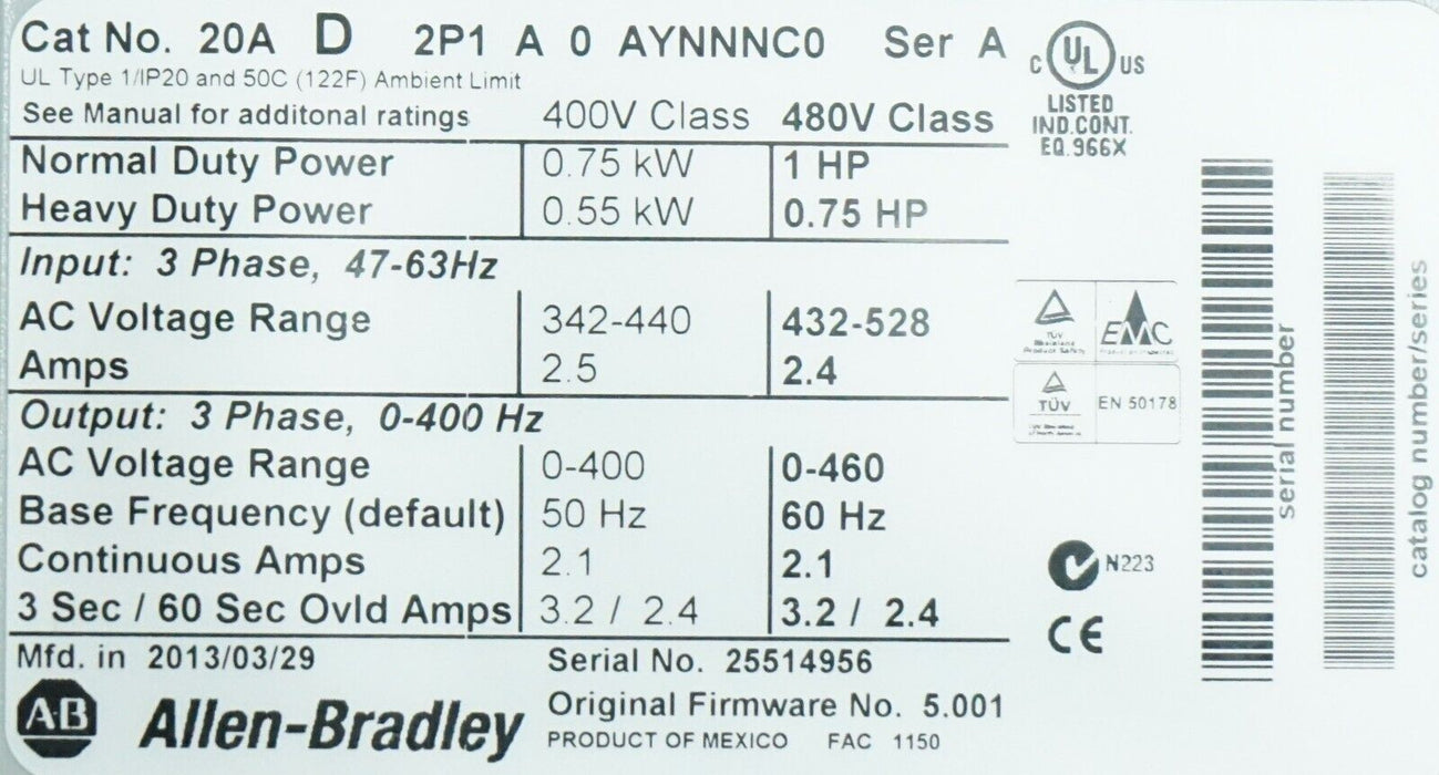 Low Hrs Allen-Bradley 20AD2P1A0AYNNNC0 PowerFlex 70 1 HP 480 VAC FRN 5.001