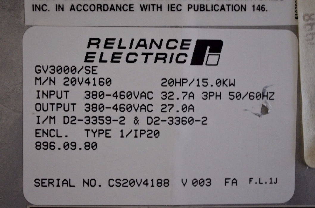 Reliance Electric VTAC7 GV3000/SE 20 HP 20V4160 VER. 6.01 AC Drive Tested Good