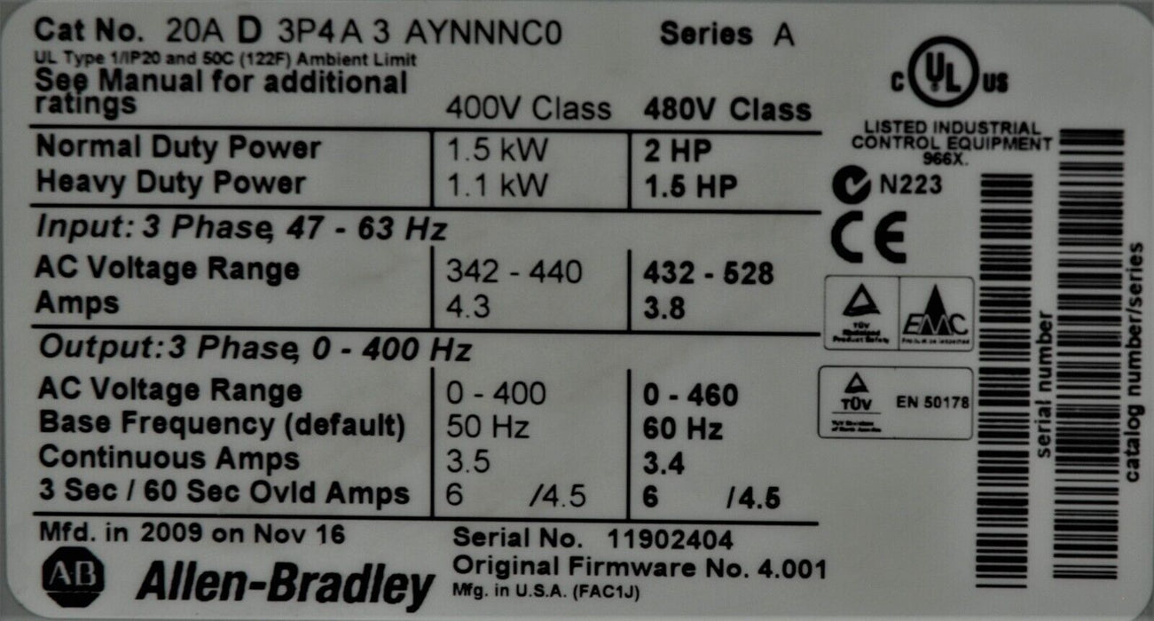 Allen-Bradley PowerFlex 70 2HP 20AD3P4A3AYNNNC0 480 VAC Tested FRN: 4.001