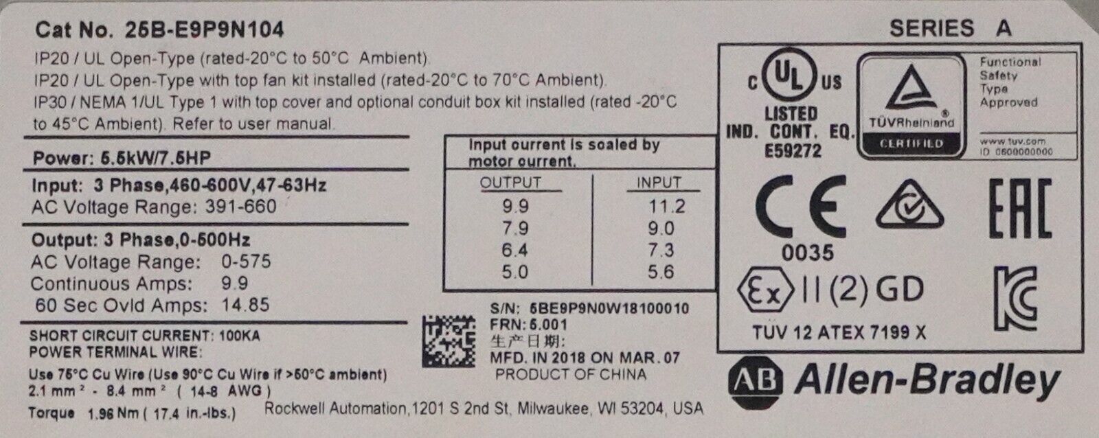 Zero Hr Allen-Bradley 25B-E9P9N104 PowerFlex 525 7.5HP AC Drive Tested Good