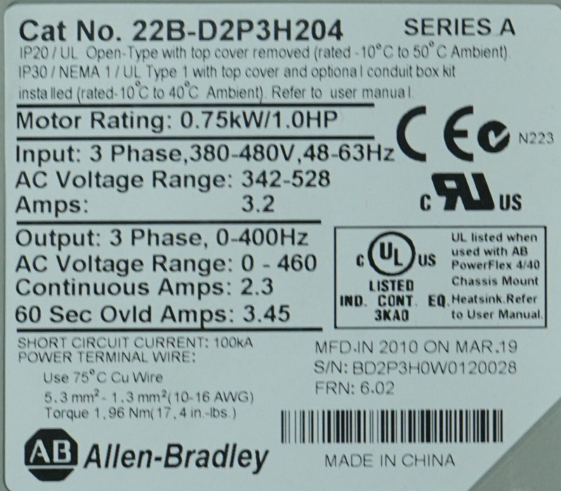 New Allen-Bradley 22B-D2P3F104 PowerFlex 40 Drive Series A 6.02 Tested Good