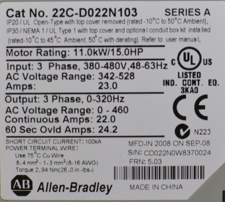 New Allen Bradley 22C-D022N103 PowerFlex 400 Removed from Panel