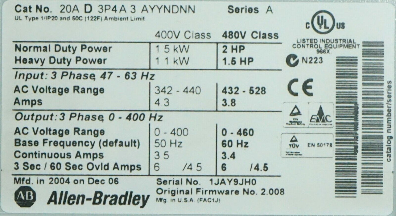 Allen Bradley PowerFlex 70 2HP 20AD3P4A3AYYNDNN 480 VAC FRN 2.008