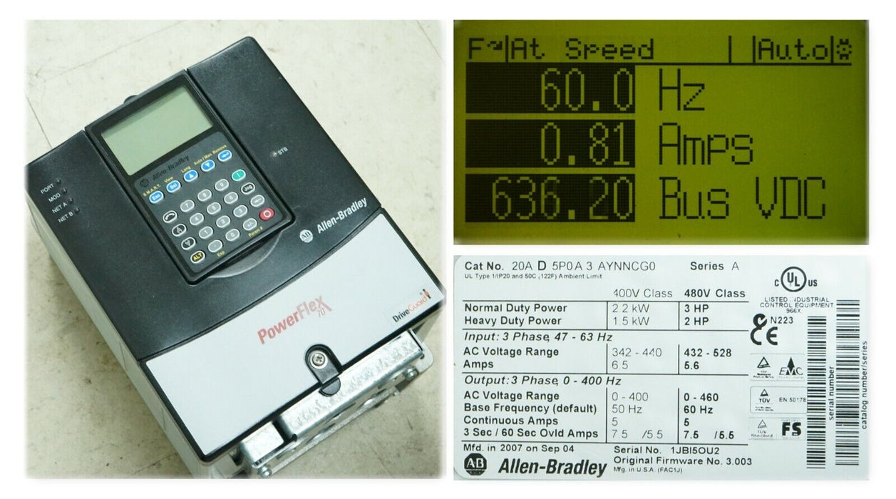 Allen-Bradley PowerFlex 70 3HP 20AD5P0A3AYNNCG0 480V 3.003 Tested Good