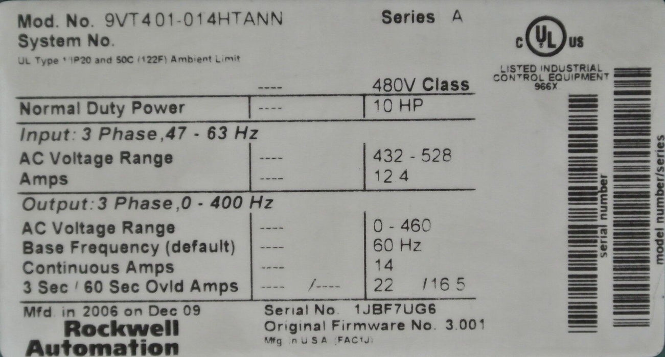 NEW - 10 HP Rockwell Automation VTAC 9 AC Drive | 9VT401 - 014HTANN | FRM: 3.001