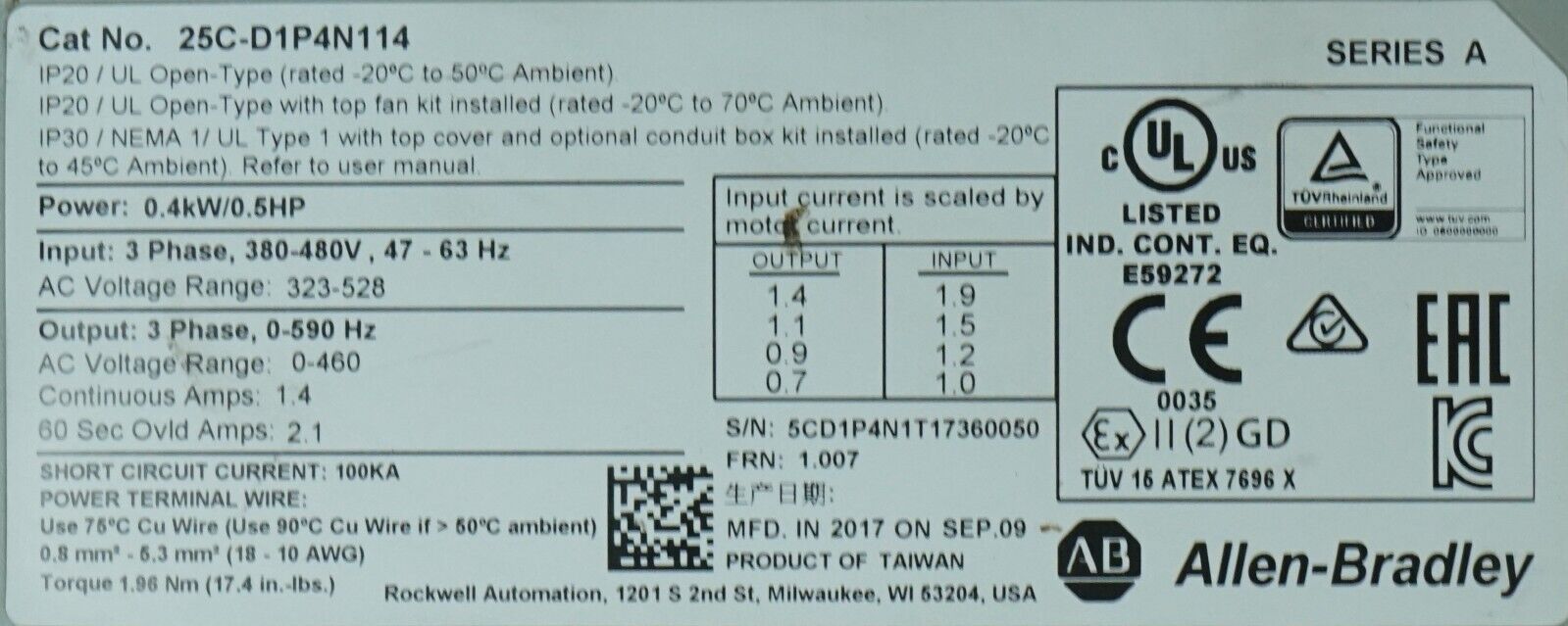 Allen Bradley 25C-D1P4N114 PowerFlex 527 1/2HP AC Drive FRN:1.007