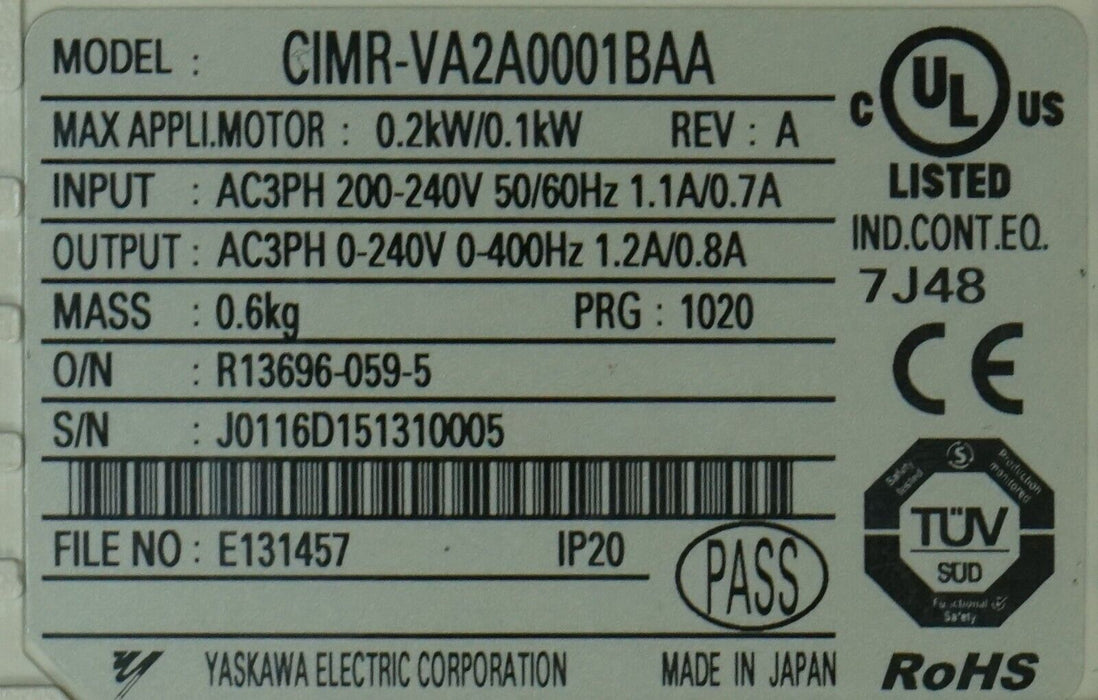 Yaskawa CIMR-VA2A0001BAA V1000 Variable Frequency Drive Tested Good FRN:1020 QTY