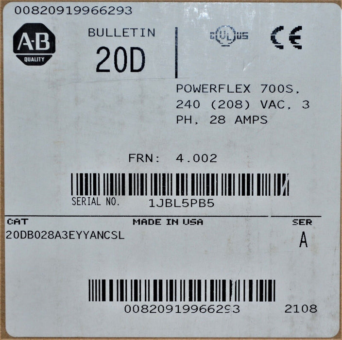 New Allen-Bradley Powerflex 700S 20DB028A3EYYANCSL 10 HP  Series A FRN: 4.002