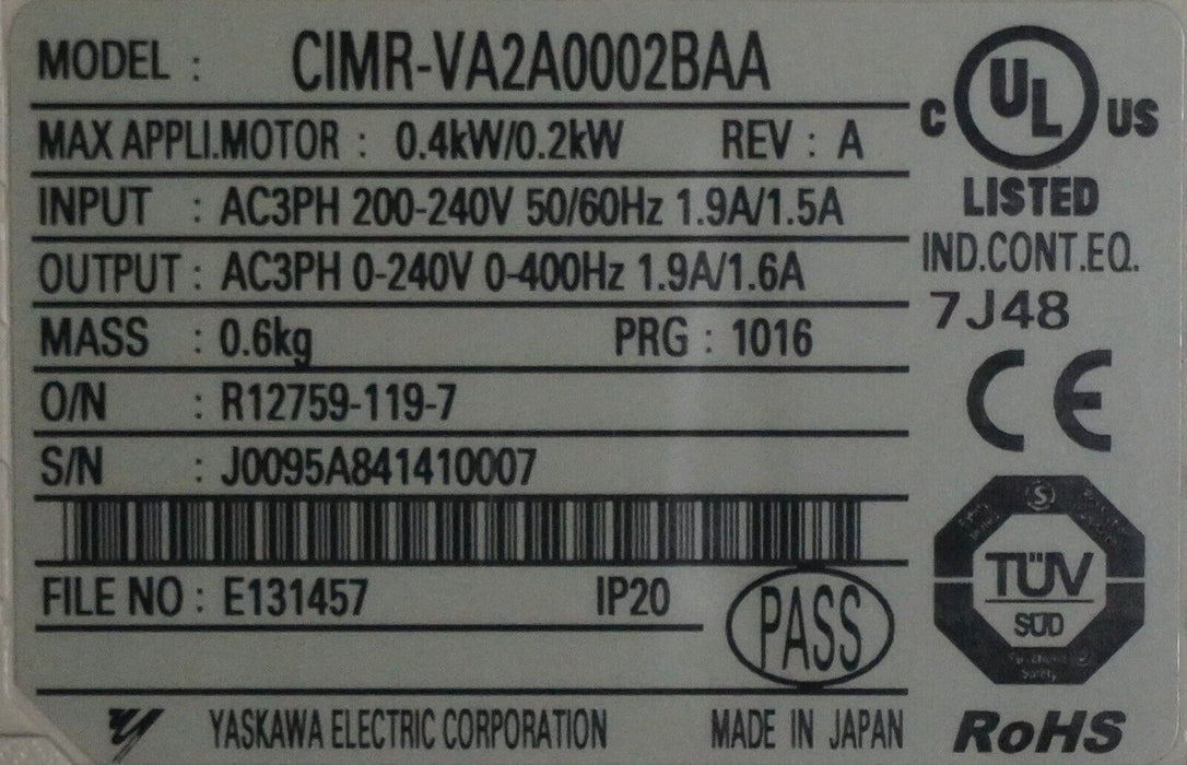 Yaskawa CIMR-VA2A0002BAA V1000 Variable Frequency Drive Tested Good